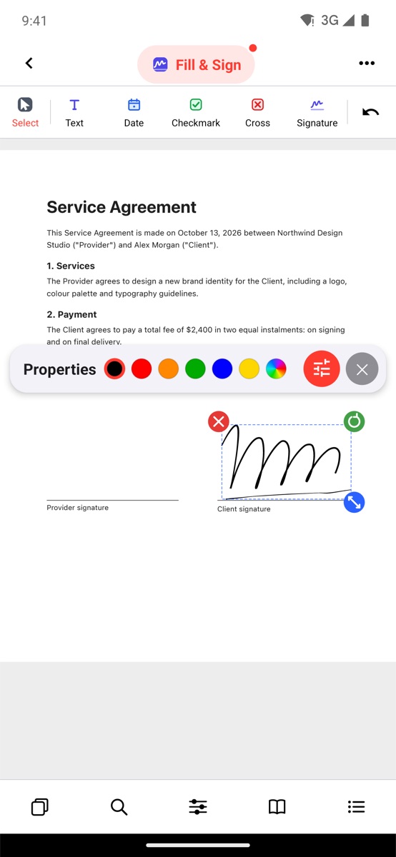 A selected signature with resize handles